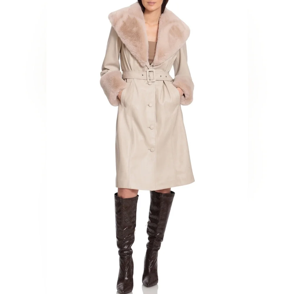 NWT AVEC LES FILLES | Faux-fur Trimmed Faux-leather Trench Coat - Picture 1 of 7